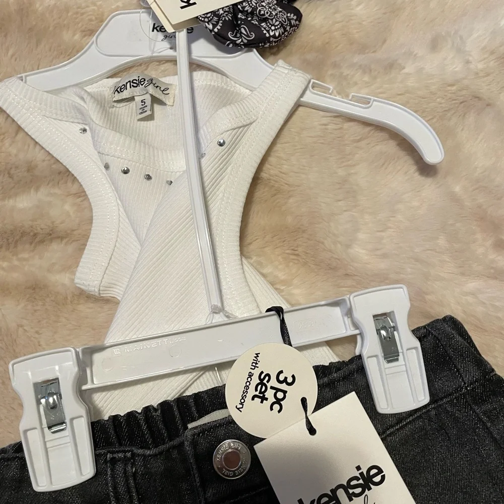 kensie girl 3 piece set w/ ribbed top, denim skirt & matching scrunchie
